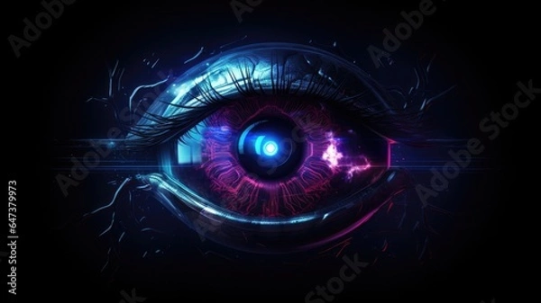 Fototapeta Sci-fi dream image with digital eye with blue and indigo color glowing lights