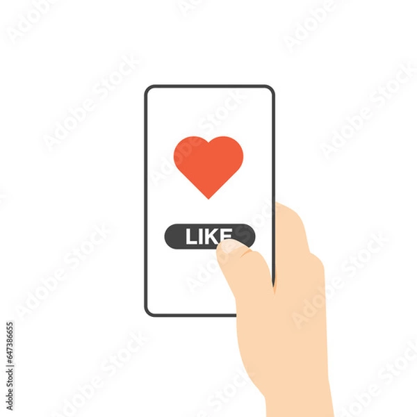 Obraz Hand holds smartphone and press like button. Likes notification icon. Reactions to a social media. Mobile phone with heart and love emoji icon. App template.  Vector illustration in modern flat style