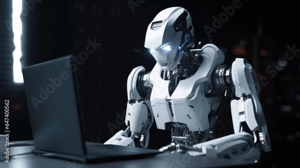 Fototapeta Robot artificial intelligence working on pc