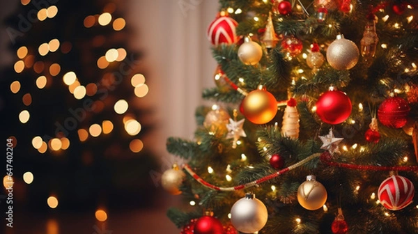 Fototapeta christmas tree ball hanging on the Christmas tree, close up view