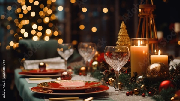 Fototapeta christmas table setting with glasses and candels