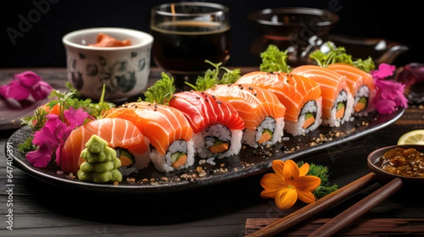 Obraz Assorted sushi nigiri and maki set on a platter. A variety of Japanese sushi with tuna, salmon, eel on a dark background