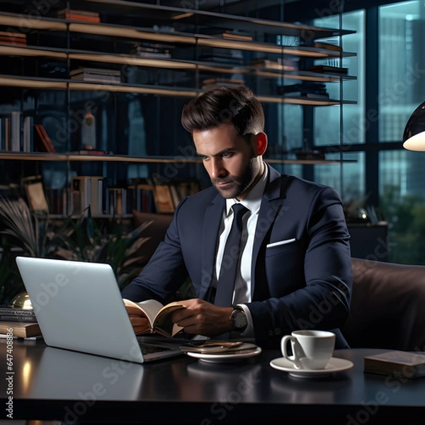 Fototapeta The dedicated businessman is seated in his office, fully immersed in his work. His spacious desk is meticulously organized, with essential tools and provisions to enhance productivity. Generative AI.