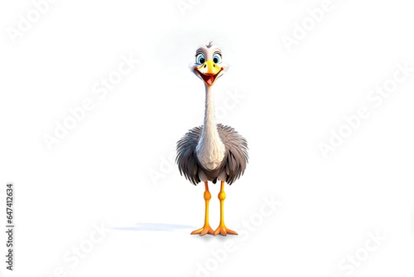 Obraz 3D animation character style happy smiling ostrich standing portrait on an isolated empty white background - Generative AI