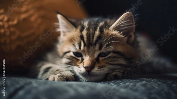 Fototapeta adorable kitten sleeping on a couch