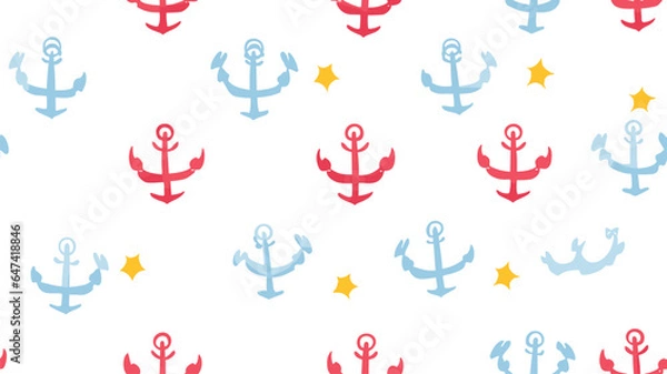 Fototapeta Cute crab with starfish and anchor on white background, vector seamless pattern