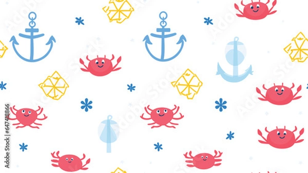 Fototapeta Cute crab with starfish and anchor on white background, vector seamless pattern