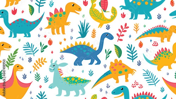 Fototapeta Cute dinosaurs and tropical plants, childrens colorful print on fabric, postcards. Vector seamless pattern on white background