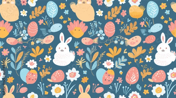 Fototapeta Cute Easter seamless pattern, bunnies, egg baskets, flowers and chickens. Ideal for paper and textile products
