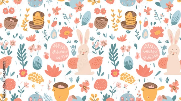 Fototapeta Cute Easter seamless pattern, bunnies, egg baskets, flowers and chickens. Ideal for paper and textile products