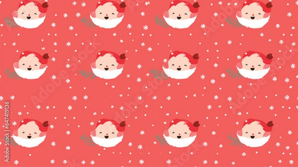 Fototapeta Cute Santa Claus face with snowflakes, vector seamless Christmas pattern