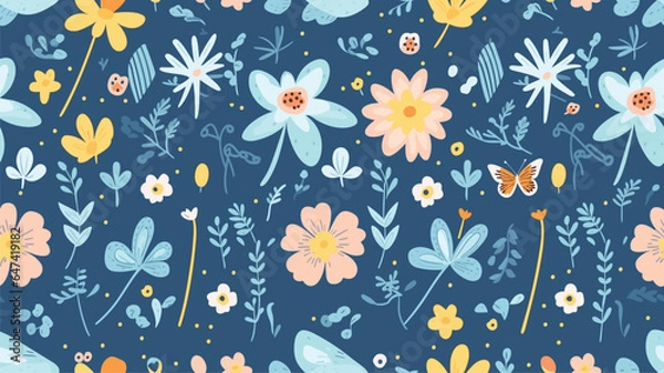 Fototapeta Cute spring vector seamless pattern with sun, butterflies, flowers and other plants on blue background