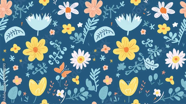 Fototapeta Cute spring vector seamless pattern with sun, butterflies, flowers and other plants on blue background