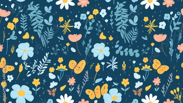 Fototapeta Cute spring vector seamless pattern with sun, butterflies, flowers and other plants on blue background