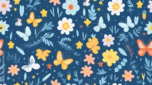 Fototapeta Cute spring vector seamless pattern with sun, butterflies, flowers and other plants on blue background