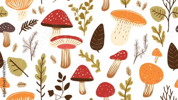 Fototapeta Different mushrooms with leaves and berries on white background, vector seamless pattern