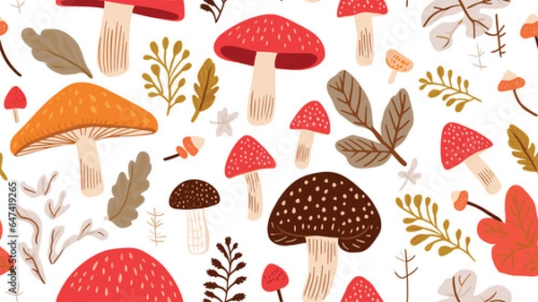Fototapeta Different mushrooms with leaves and berries on white background, vector seamless pattern