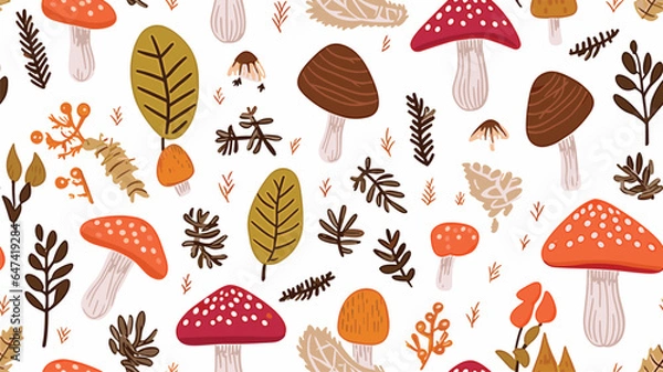 Fototapeta Different mushrooms with leaves and berries on white background, vector seamless pattern