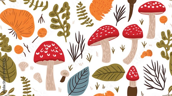 Fototapeta Different mushrooms with leaves and berries on white background, vector seamless pattern