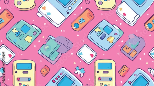 Fototapeta Electronic retro game. Vector seamless pattern in kawaii style. An old vintage console from the 90s