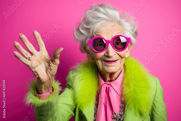 Obraz Elderly woman wearing pink suns glasses and is holding her hand up waving, in front of a magenta background.