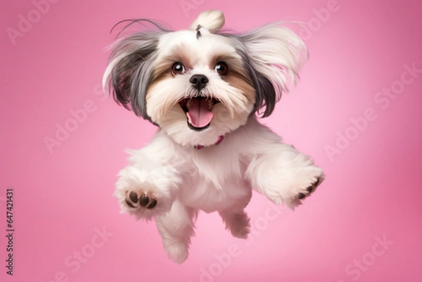 Obraz Shih-Tzu dog jumping on pink background