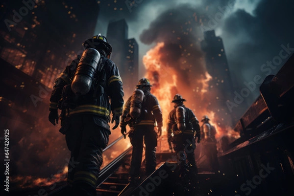 Fototapeta A group of firefighters in full gear battling flames and smoke on a rooftop of a skyscraper that has been targeted in a terrorist attack, emphasizing teamwork and courage. Generative AI