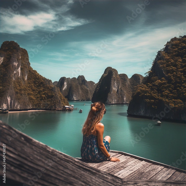 Fototapeta person watching the sea, this design was generated by an artificial intelligence	