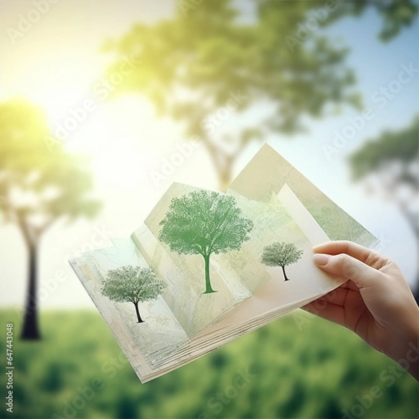 Fototapeta hand holding a book, green energy, this design was generated by an artificial intelligence	