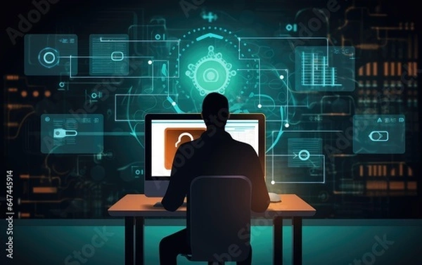 Fototapeta A hacker types a digital code on a laptop keyboard to infiltrate the cyberspace of a network. protection against hacker attacks. digital war. hacking and cyber attacks in the digital world.