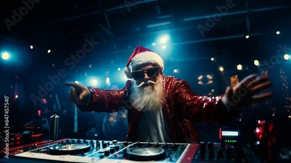 Fototapeta Santa Claus DJ cool at Christmas with Dance Electronic Music and lights with joy and happiness