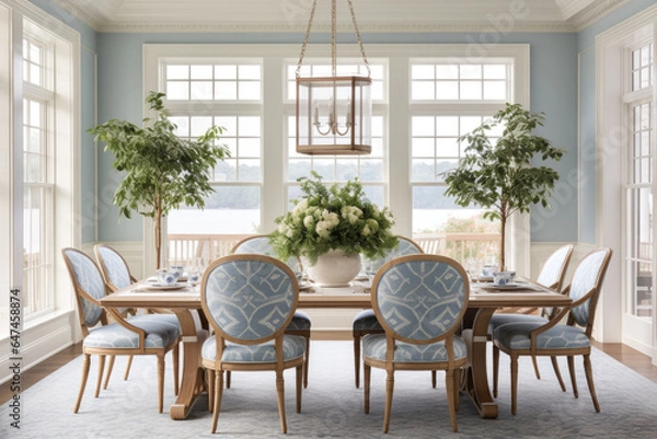 Fototapeta A Tranquil Dining Room Oasis with a Harmonious Blend of Blue and White Accents