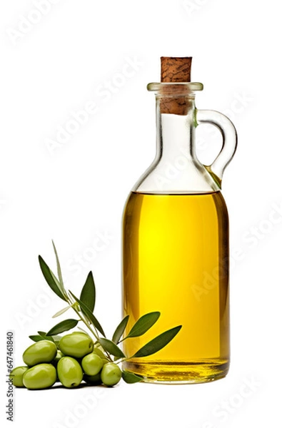 Obraz Olive oil in glass bottle on isolated transparent background