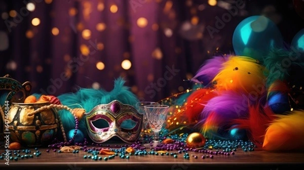 Fototapeta colorful background with mardi gras party items generative AI
