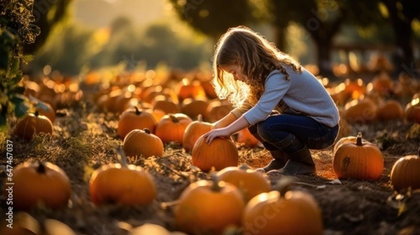 Fototapeta little girl picking pumpkins on halloween pumpkin patch generative AI