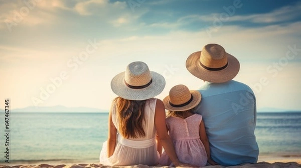 Fototapeta portrait of a happy family wearing straw hats on the beach with blue sky background at sunset, summer holiday vacation generative AI