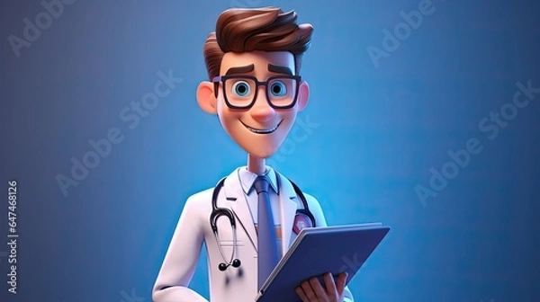 Fototapeta 3d render doctor cartoon character with stethoscope and clipboard, looks at camera and gives advice professional consultation and recommendation generative AI