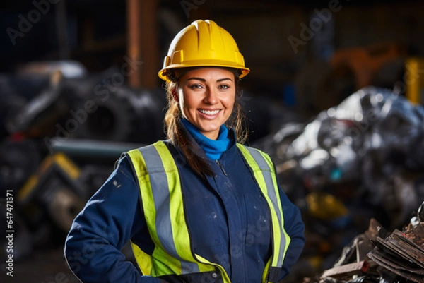 Fototapeta Recycling center female worker posing in front of a pile of scrap