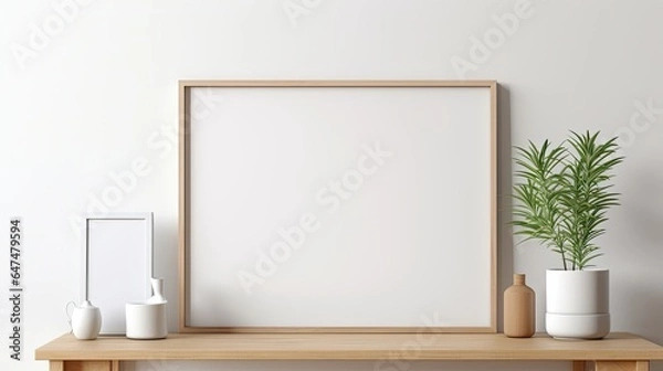 Fototapeta Stylish interior of living room with mock up poster frame, wooden commode, book, leaf in ceramic vase and elegant personal accessories. Minimalist concept of home decor. Template.