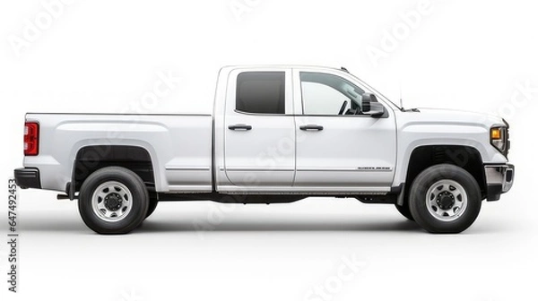 Fototapeta side view of white pick up truck on white background great for mockup and concepts.  generative AI