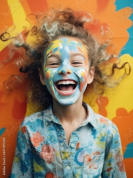 Fototapeta happy child with colorful paint on their face. generative ai.