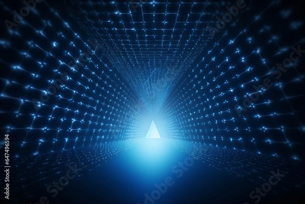 Obraz A triangle-shaped tunnel filled with dots, technology background, hi-tech, Generative AI