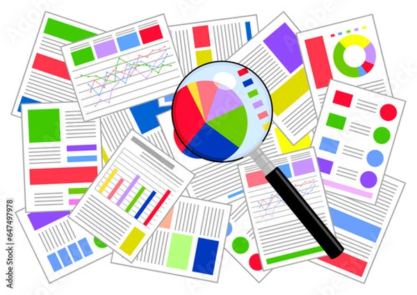 Obraz 虫メガネでたくさんの書類の中から必要な情報を探す