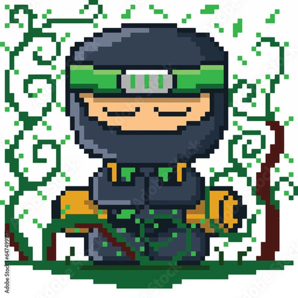 Fototapeta 8 bit pixel leaf and ivy jutsu's green ninja vector illustration
