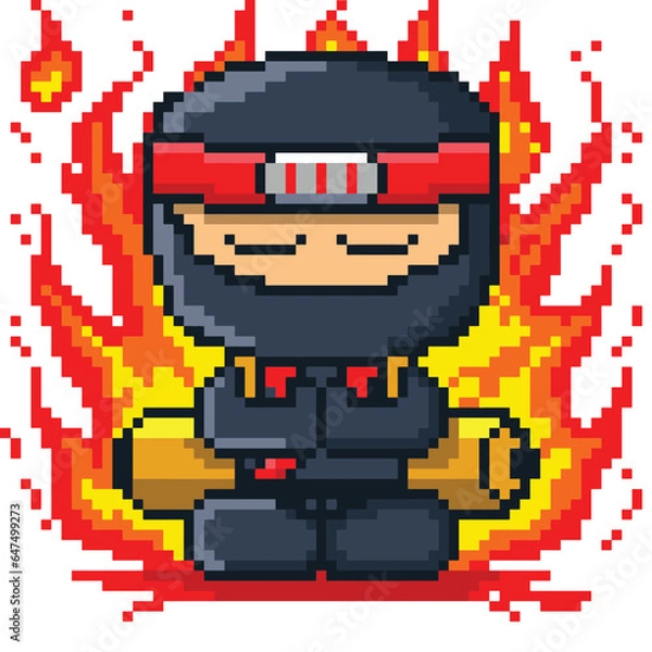 Fototapeta 8 bit pixel fire and flame ninjutsu of red ninja vector illustration