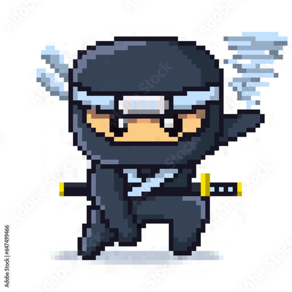 Fototapeta 8 bit pixel Japanese White Ninja Cyclone Elements Character vector Illustration
