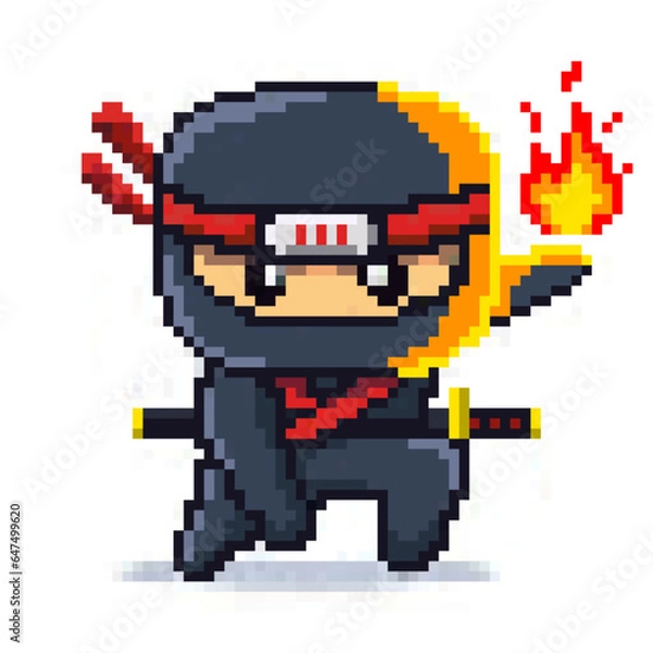 Fototapeta 8 bit pixel Japanese Red Ninja Flame Elements Character vector Illustration