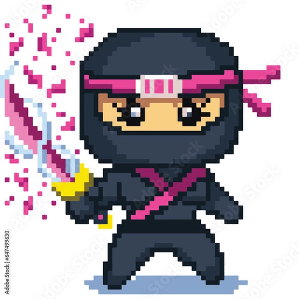 Fototapeta 8 bit pixel Japanese Pink Ninja Katana Sakura petals Elements Character Vector Illustration