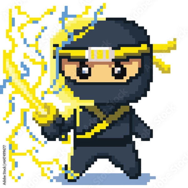 Fototapeta 8 bit pixel Japanese Yellow Ninja Katana Lightning Thunder Elements Character Vector Illustration
