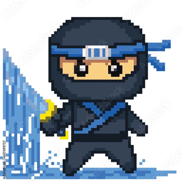 Fototapeta 8 bit pixel Japanese Blue Ninja Katana Water Elements Character Vector Illustration